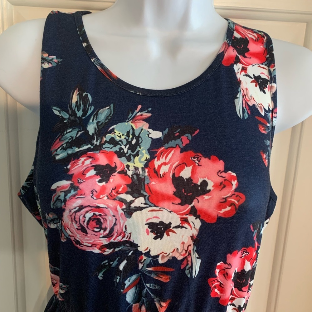 Navy Pink Floral Dress Medium Ours Stretchy Mini MIDI Flower Rose Sundress NEW - Picture 4 of 9